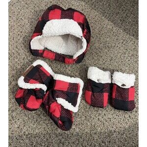 JJ Cole Bomber Baby Infant Kids Red Black Plaid Mittens Hat Booties Winter